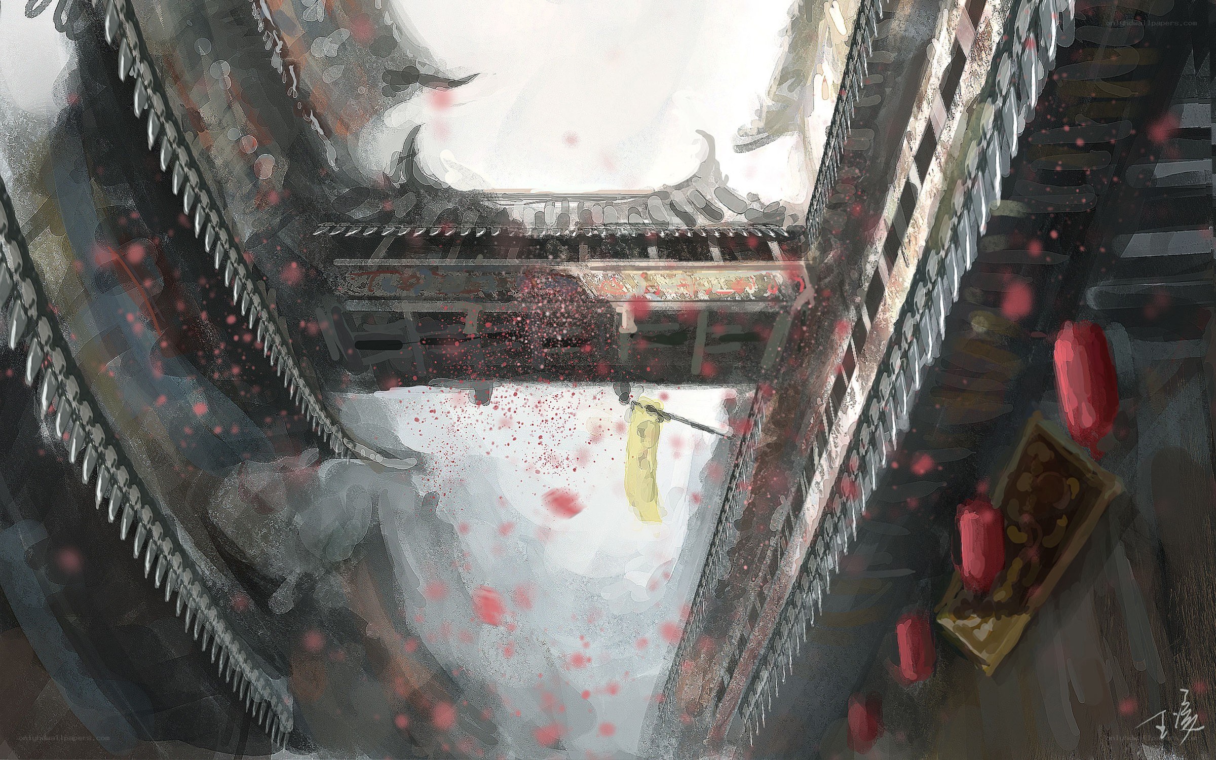 ancient courtyard with red petals