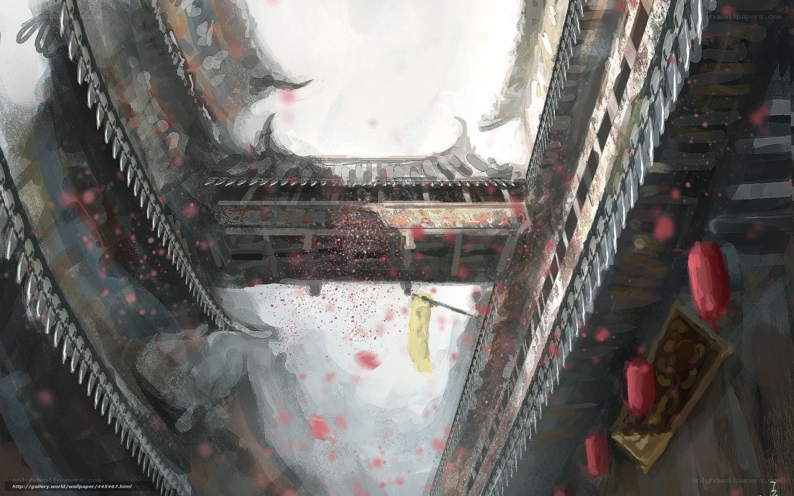 ancient courtyard with red petals