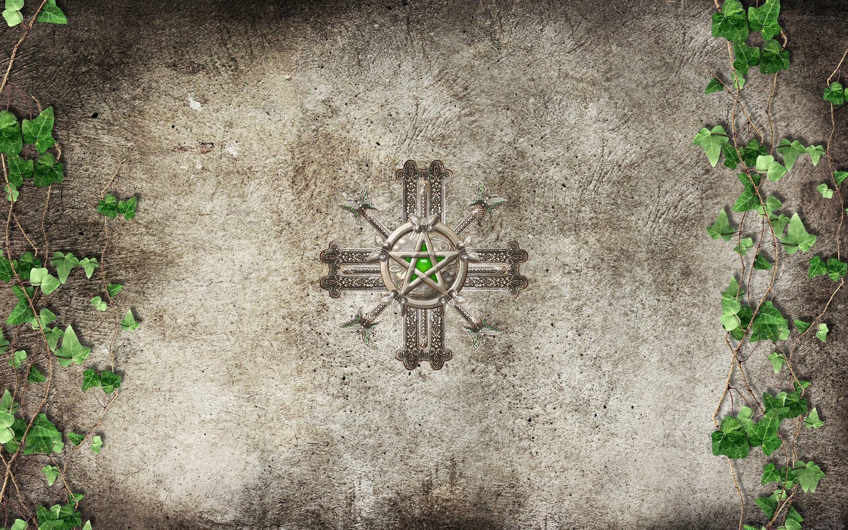 ancient cross with green pentagram