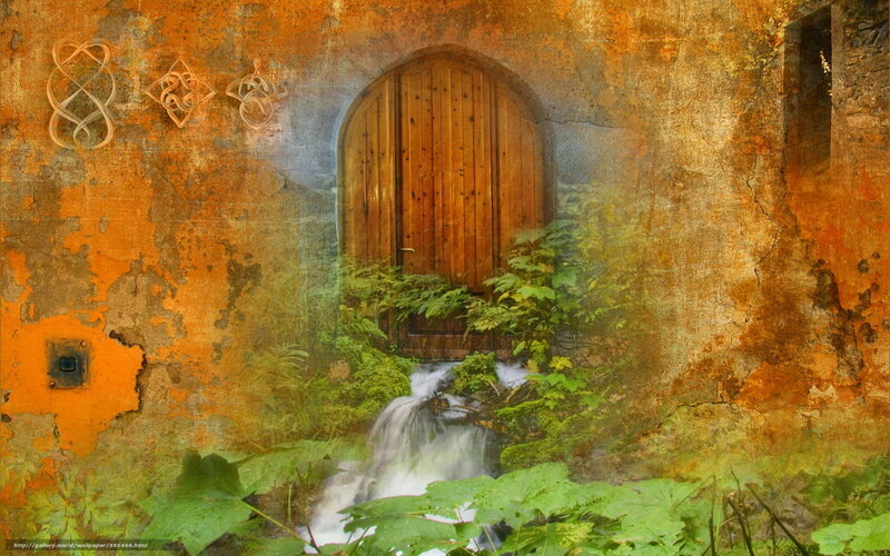 Ancient door with waterfall