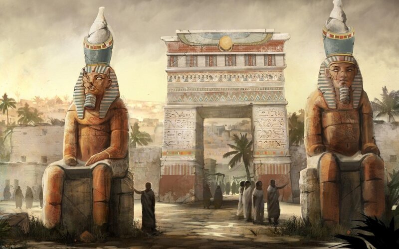 Ancient Egyptian Statues — Brown, Dramatic, Afternoon, Digital Art, Temple Gate, Palm Trees