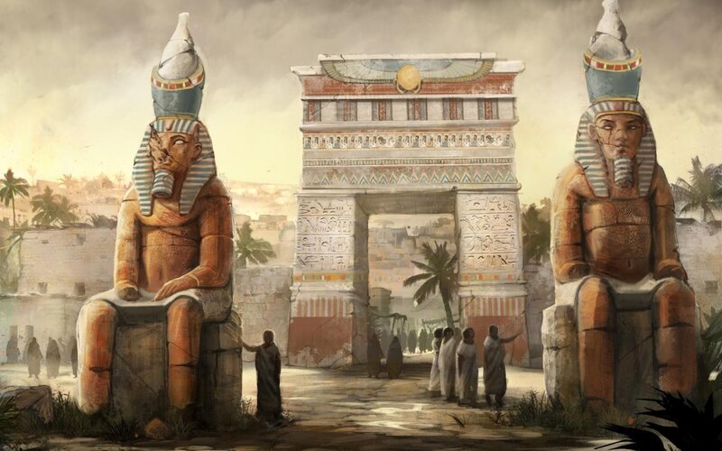 Ancient Egyptian Statues — Brown, Dramatic, Afternoon, Digital Art, Temple Gate