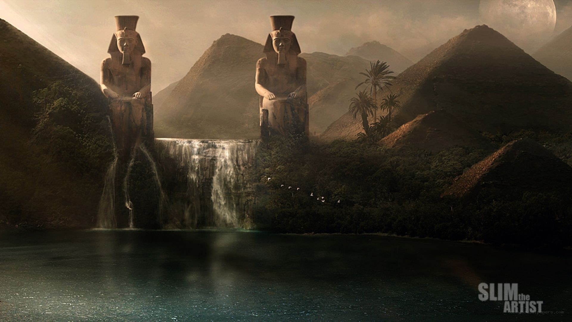 ancient egyptian statues with waterfall