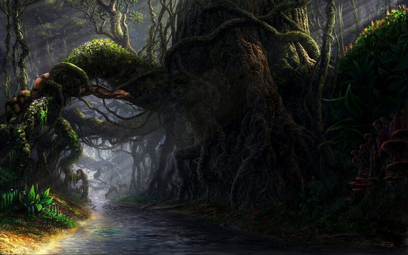Ancient Forest with River — Green, Mysterious, Night