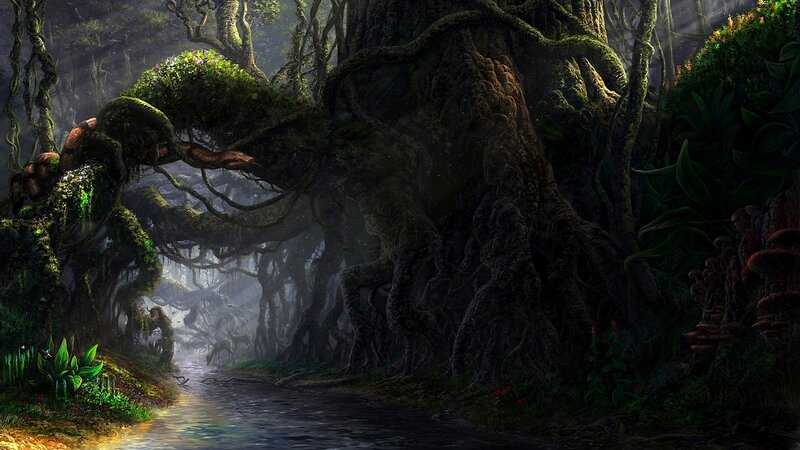 Ancient Forest with River — Green, Mysterious
