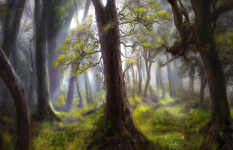 Ancient Forest with Sunlight — Green, Serene, Morning, Digital Art