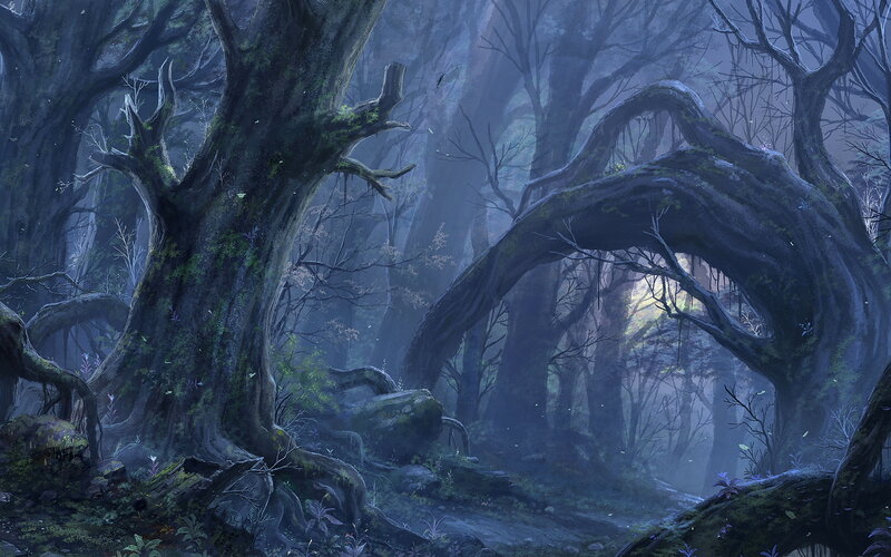 Ancient Forest with Twisted Trees — Blue, Mysterious