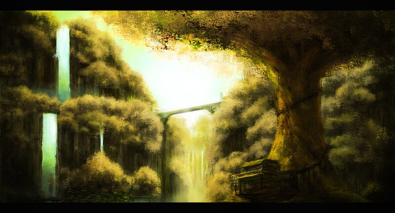 Ancient Forest with Waterfalls — Green