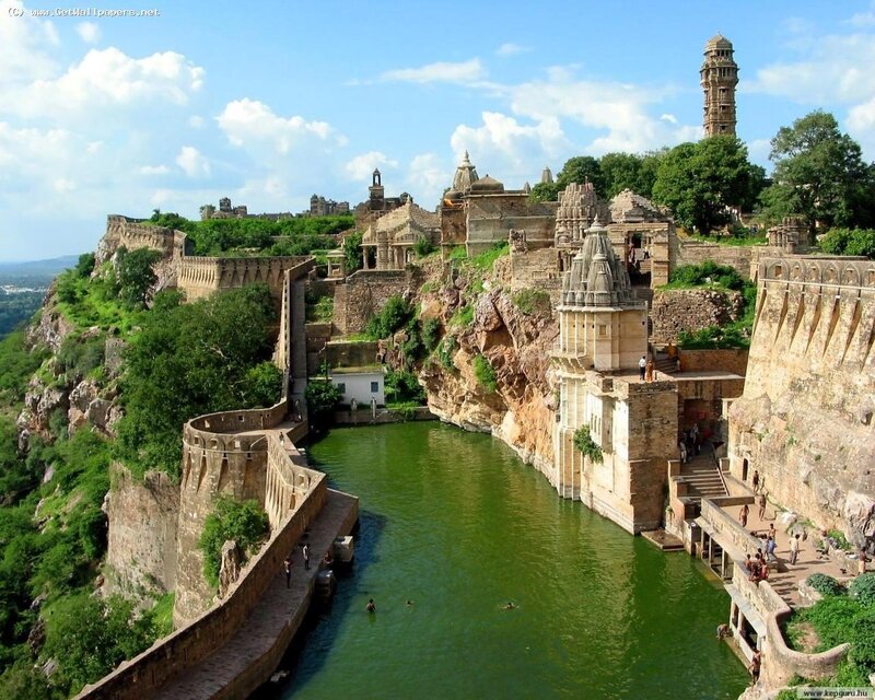 ancient fortress by a green lake
