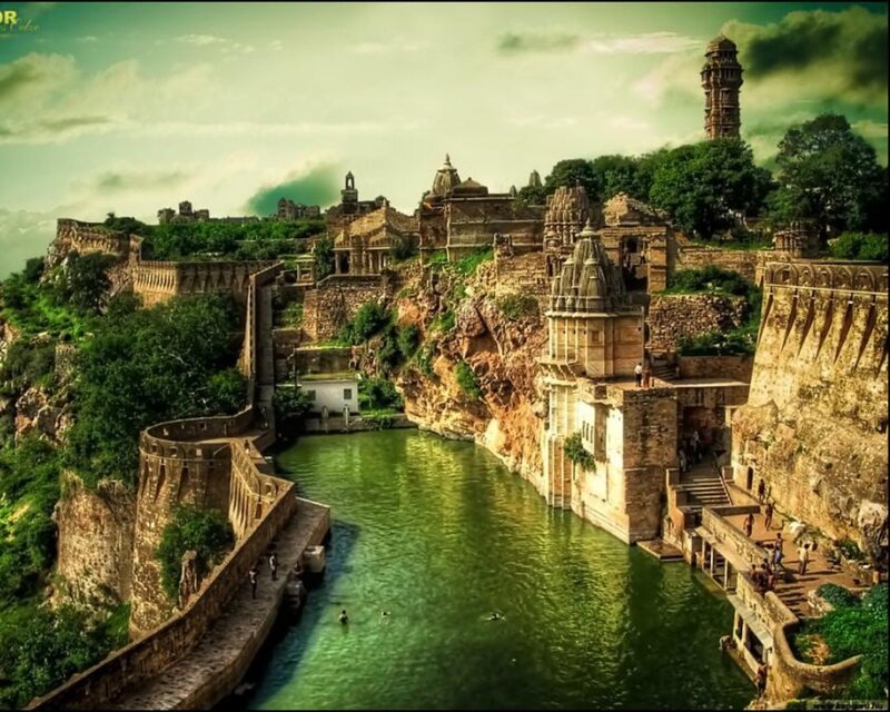 ancient fortress by a lake