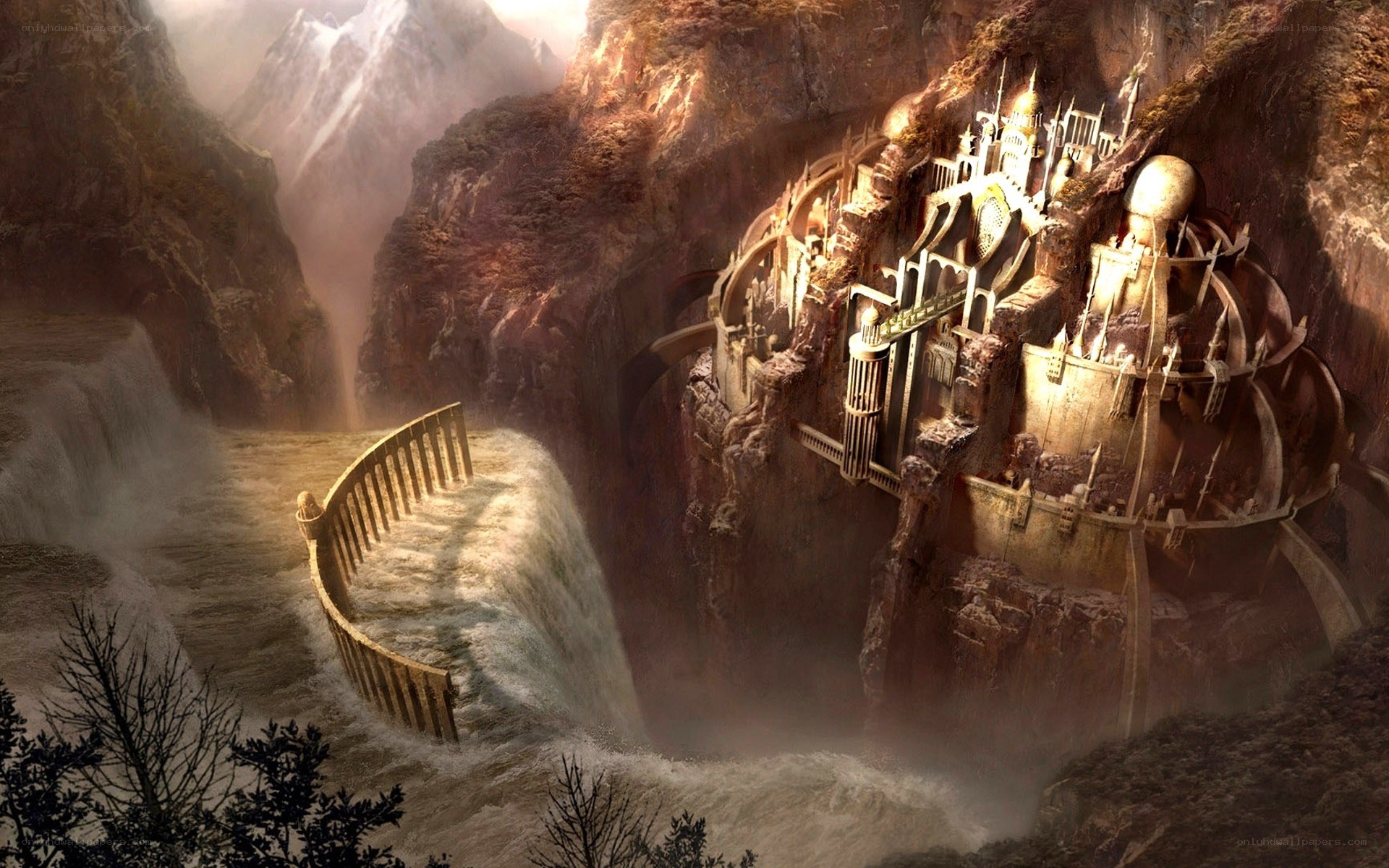 ancient fortress by waterfall
