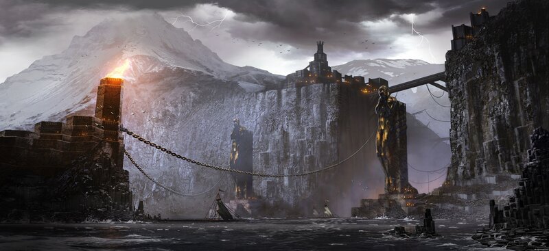 Ancient Fortress on Cliff — Gray, Dramatic, Night, Digital Art, Mountain