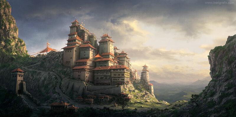 Ancient Fortress on Mountain — Gray, Dramatic, Sunset, Digital Art