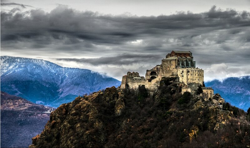 Ancient Fortress on Mountain — Gray, Dramatic