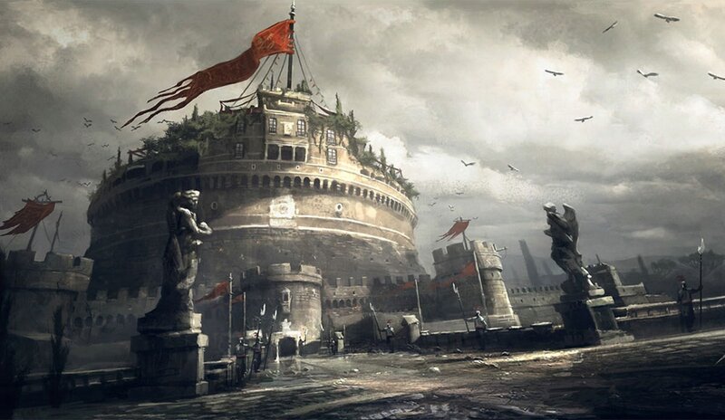 ancient fortress under stormy sky