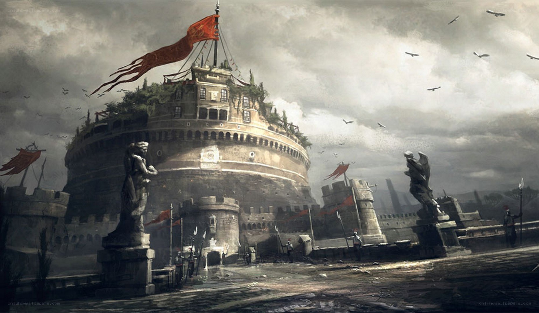 ancient fortress under stormy sky