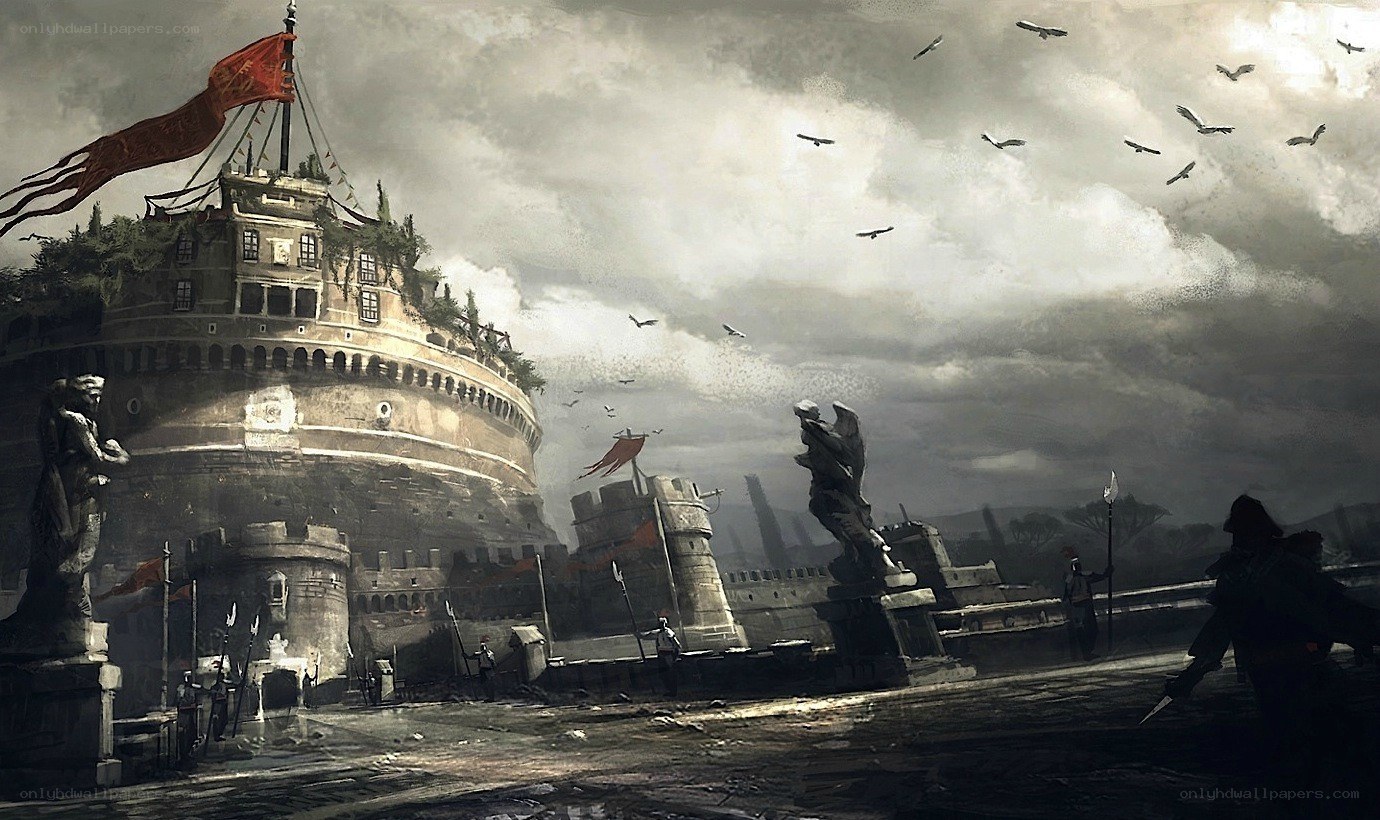 ancient fortress under stormy sky