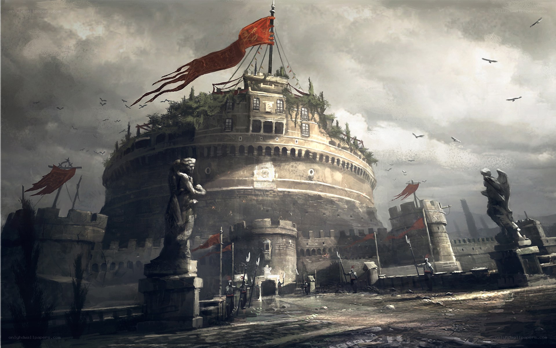 ancient fortress under stormy sky