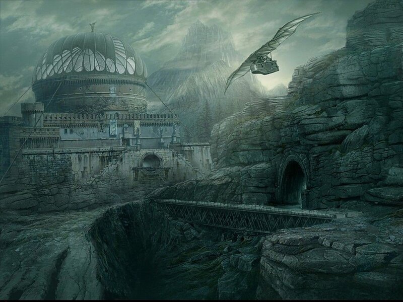 ancient fortress with airship