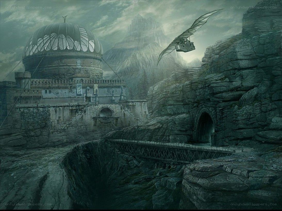 ancient fortress with airship