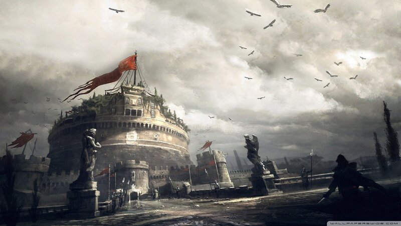 Ancient Fortress with Red Flags — Gray