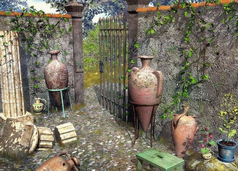 ancient garden with amphoras