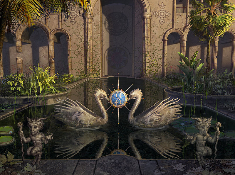 ancient garden with swans