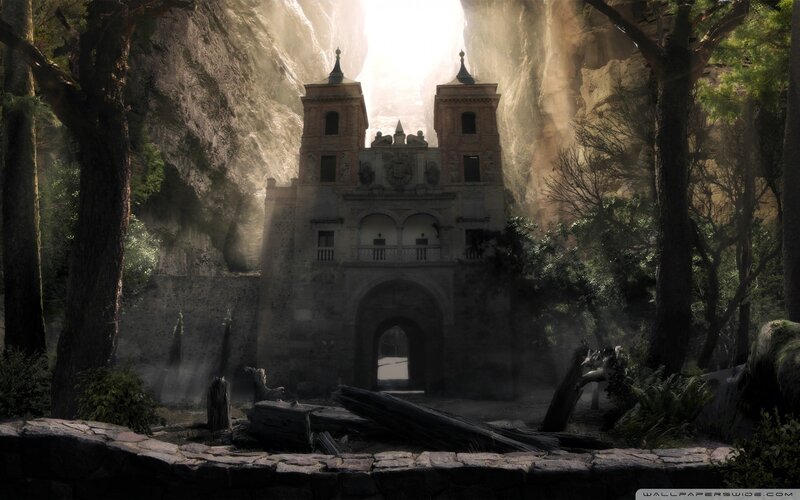 ancient gate in a forest canyon