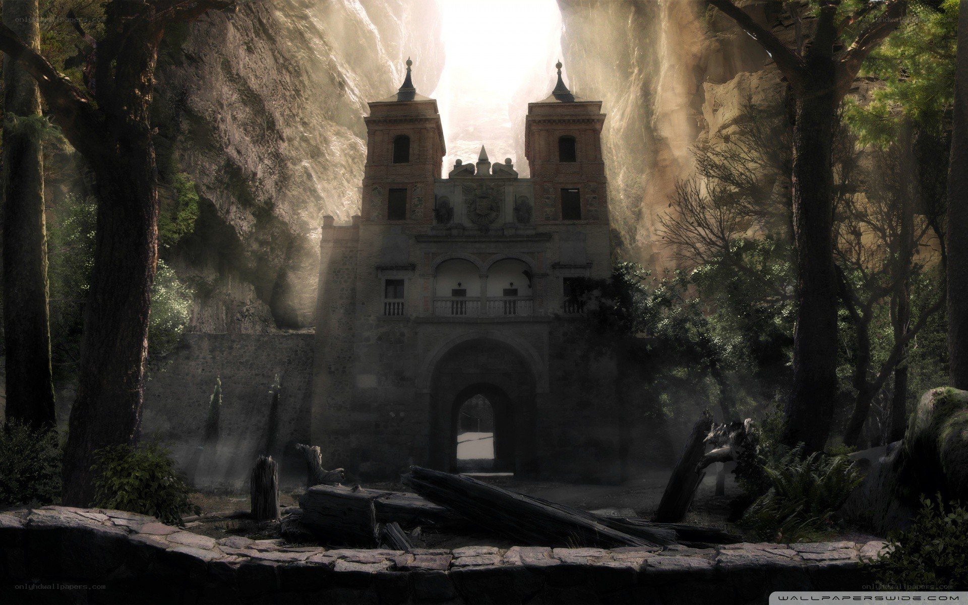 ancient gate in a forest canyon