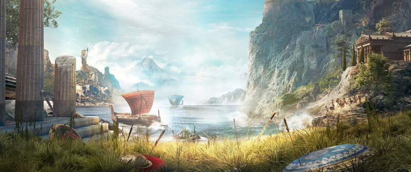 Ancient Greek Ships in Harbor