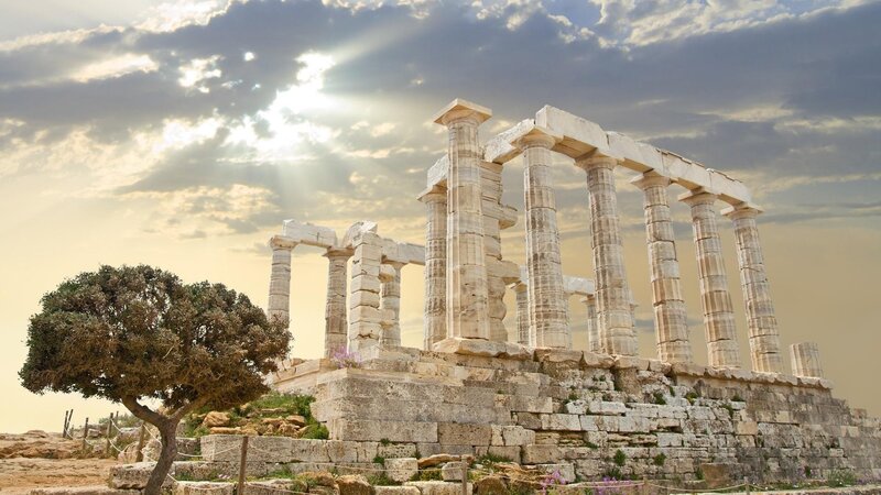 Ancient Greek Temple Ruins — Beige, Dramatic, Sunrise