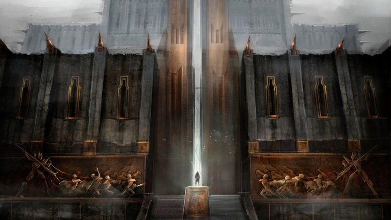 ancient hall with glowing light