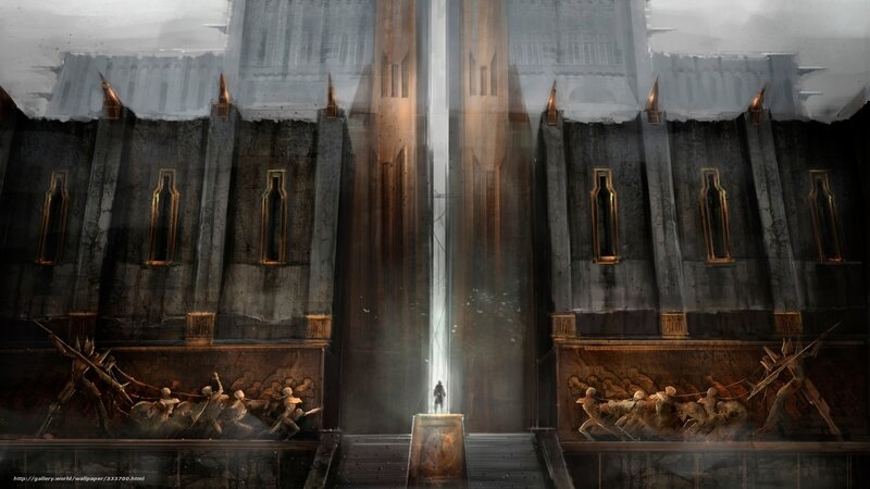 ancient hall with glowing light