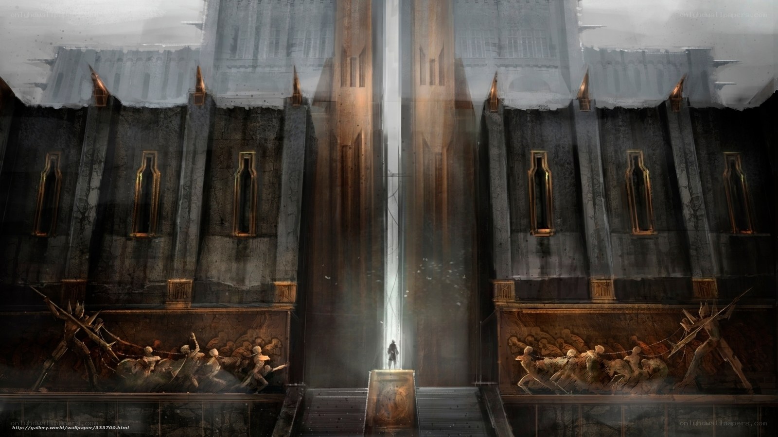 ancient hall with glowing light