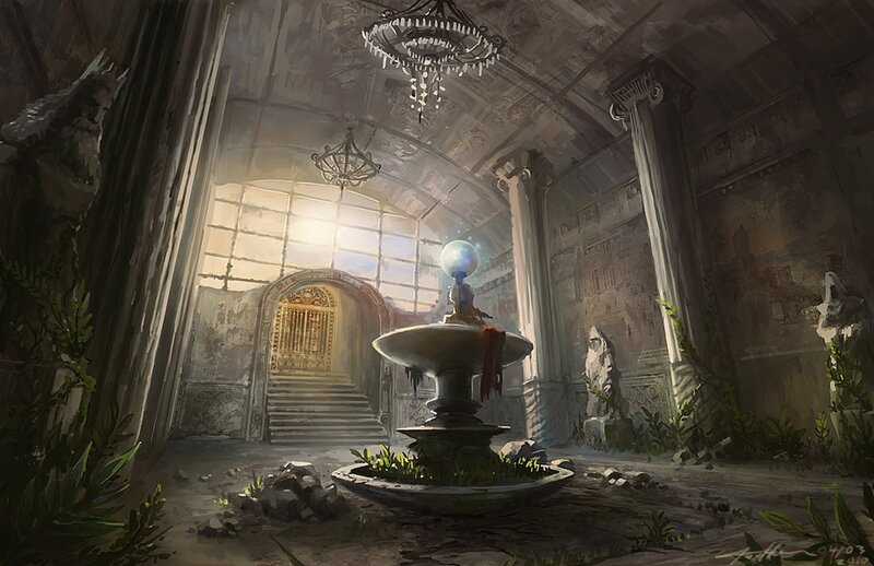 ancient hall with glowing orb