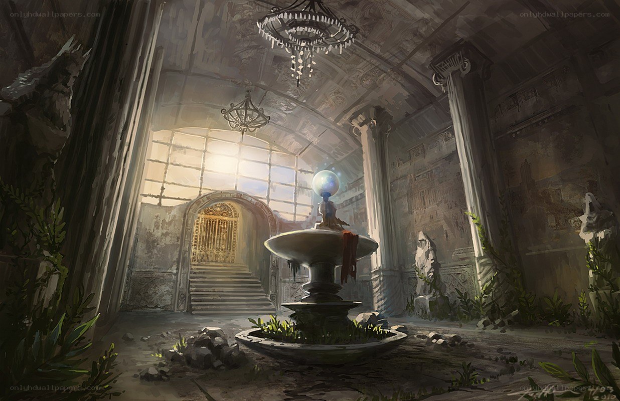 ancient hall with glowing orb