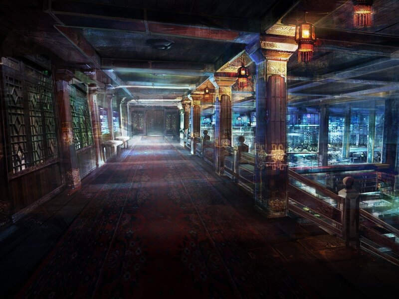 ancient hall with lanterns