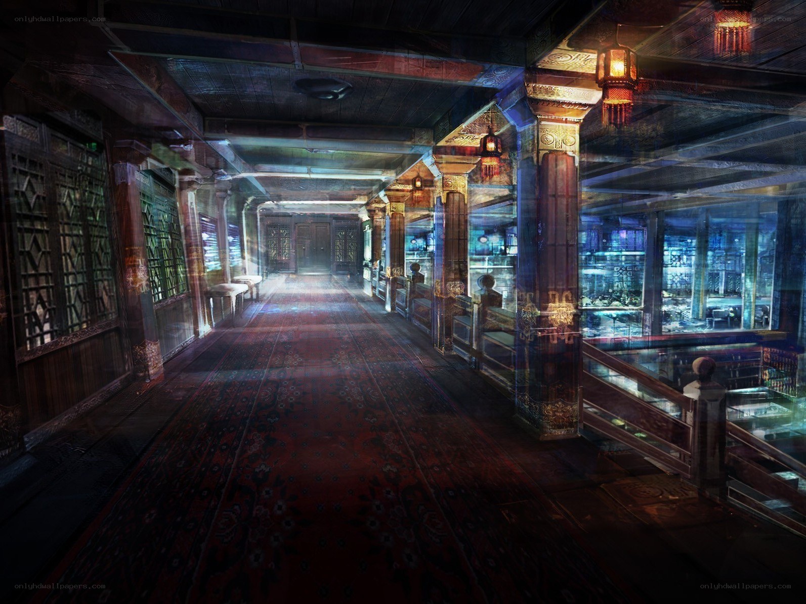 ancient hall with lanterns