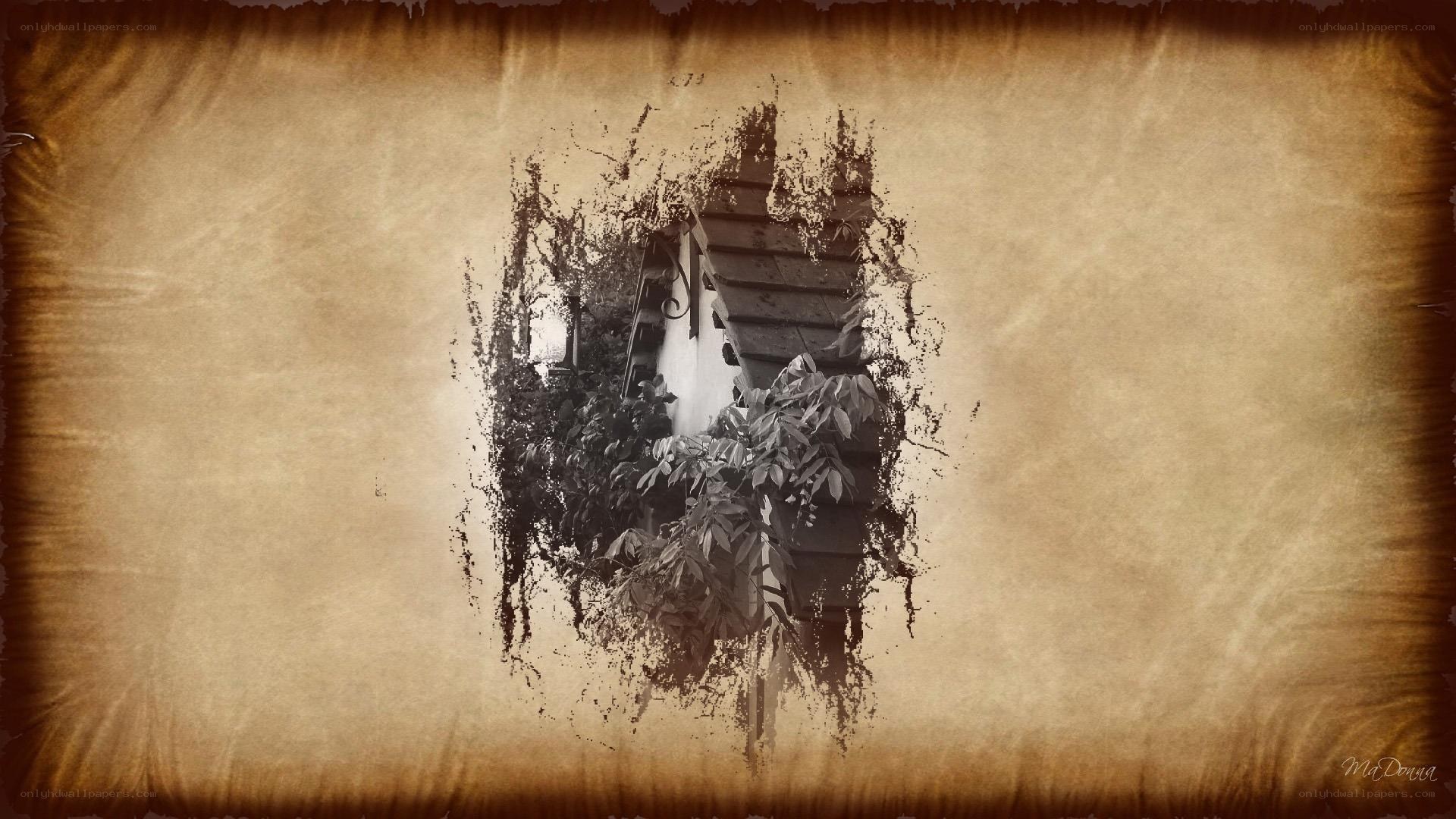 ancient house through aged paper