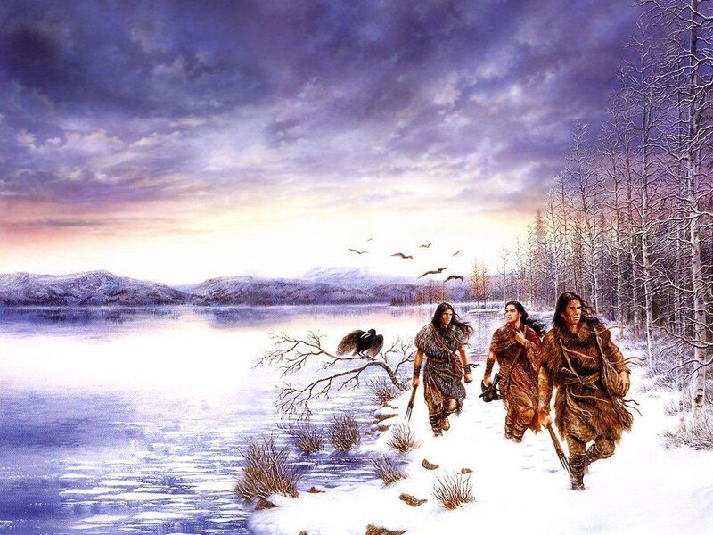 Ancient hunters in winter landscape