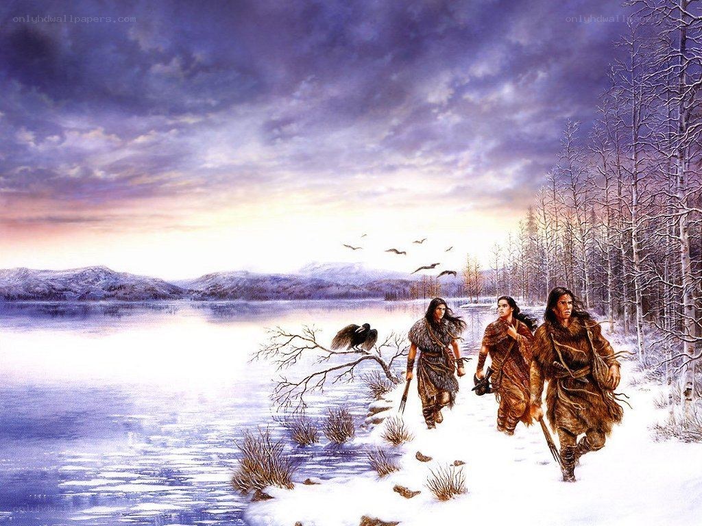 Ancient hunters in winter landscape