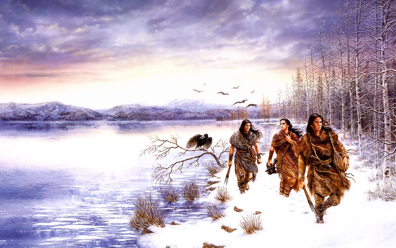Ancient hunters in winter landscape