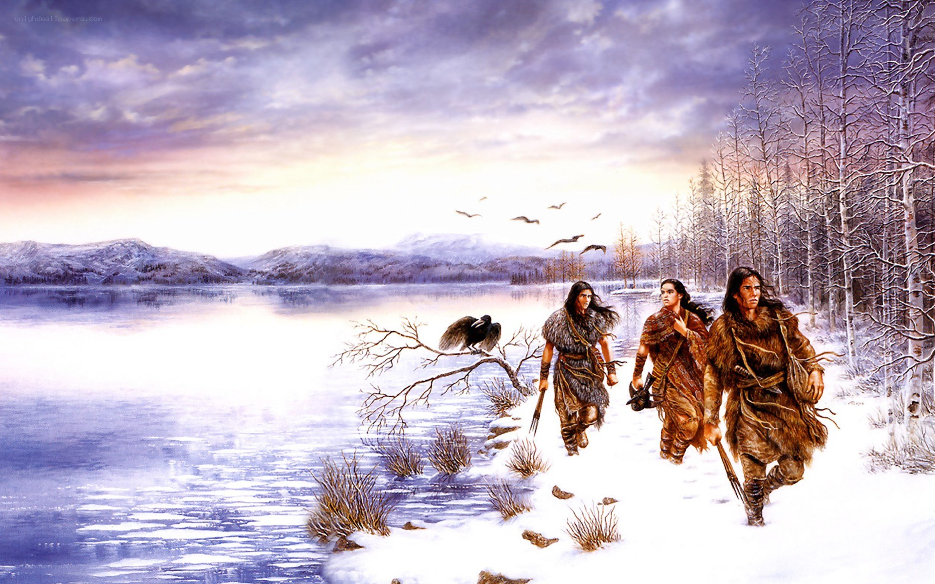 Ancient hunters in winter landscape