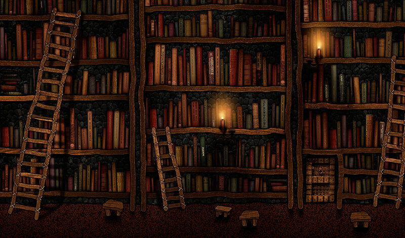 ancient library with bookshelves