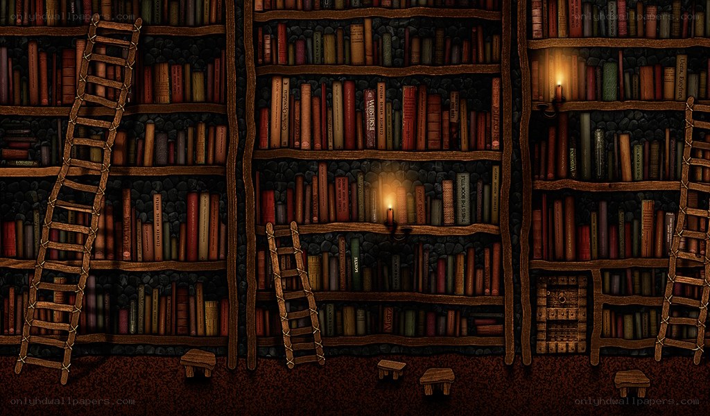 ancient library with bookshelves