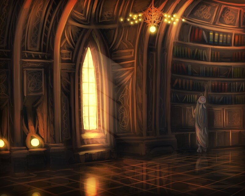 ancient library with glowing window