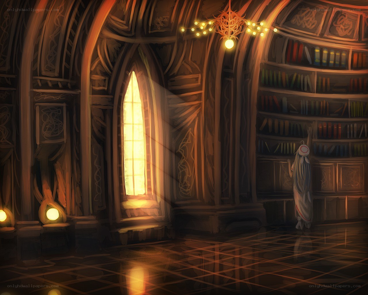ancient library with glowing window