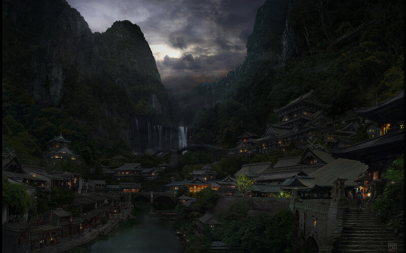 Ancient mountain village at dusk