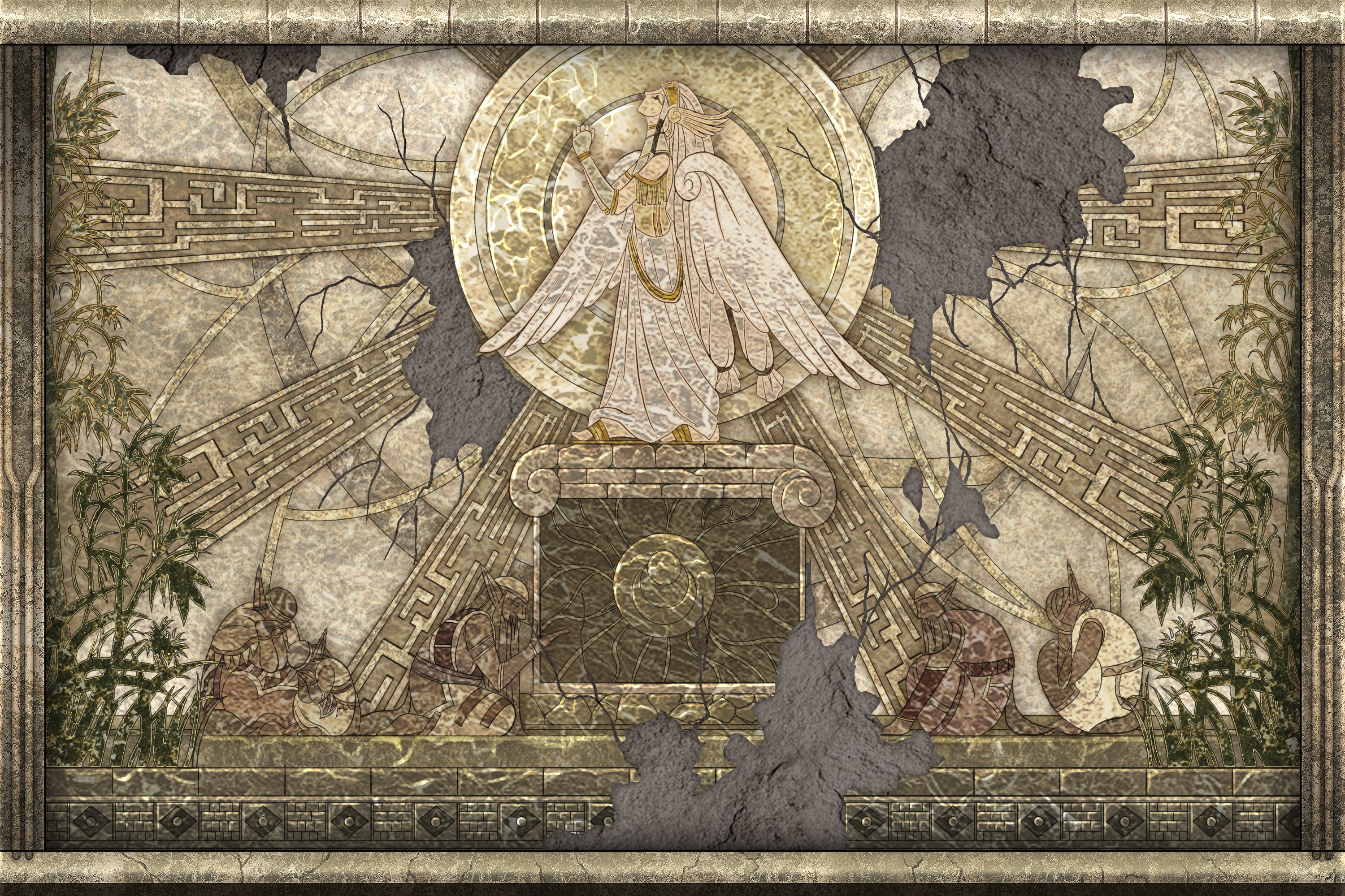 ancient mural of winged deity