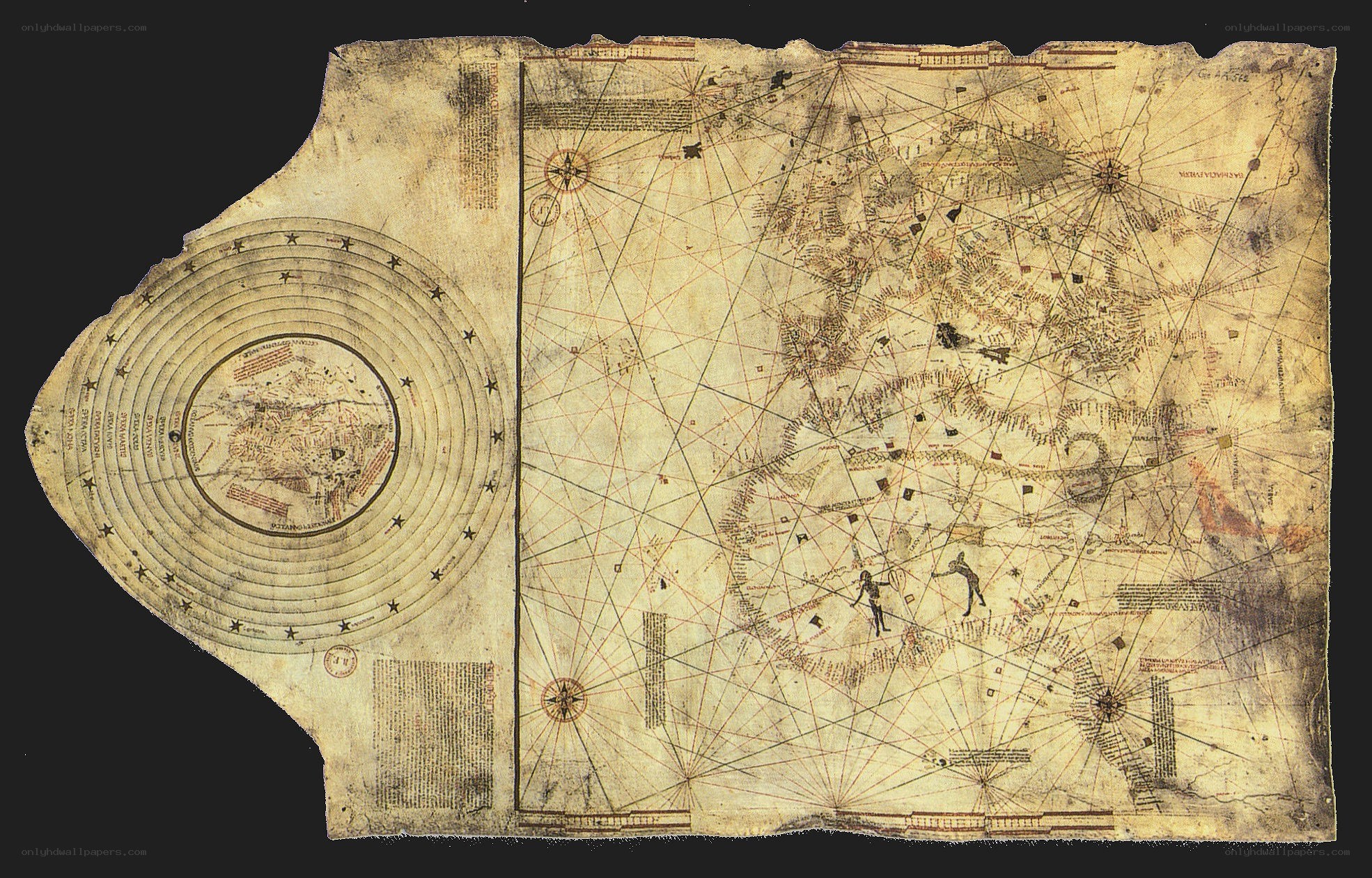 Ancient nautical chart with celestial diagram
